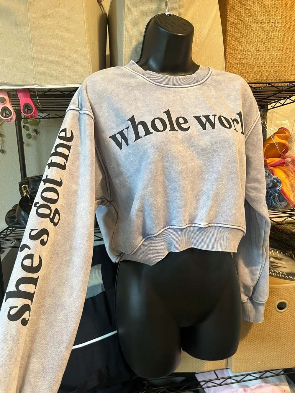 Modish Rebel Whole World in Her Hands Acid Wash Crop Sweatshirt